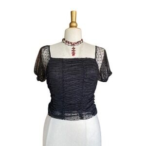 Ambiance Black Polka Dot Mesh Ruched Puff Sleeve Top Small 72588 Goth Romantic